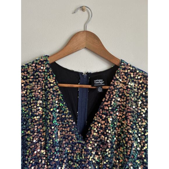 Unique Vintage Plus Size L 10/12 1970s Navy Glitter Sequin Maxi Dress! - Picture 6 of 9